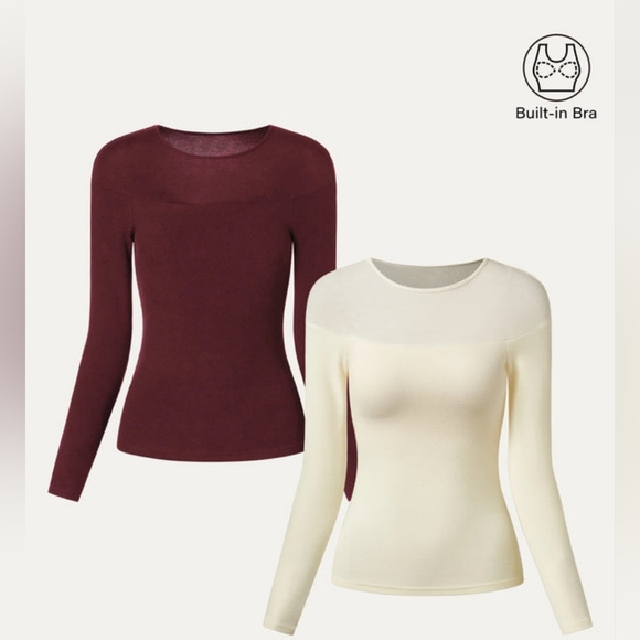 OGL Light ThermalTencel Wool Sheer Shoulder Brami Top - Ruby & Off White - Picture 5 of 10